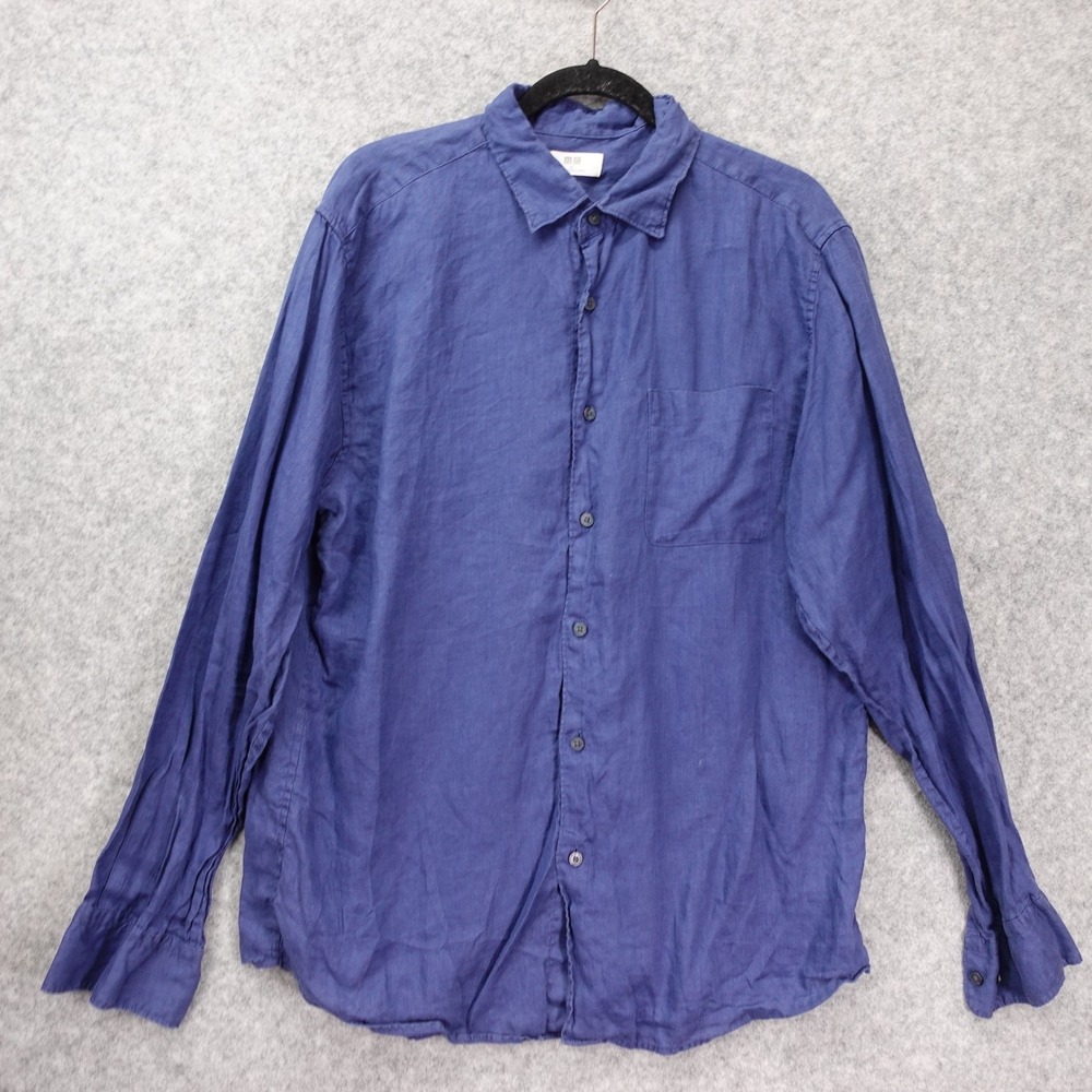 Uniqlo Premium Linen Shirt Men XL Blue European Flax Summer Minimalist